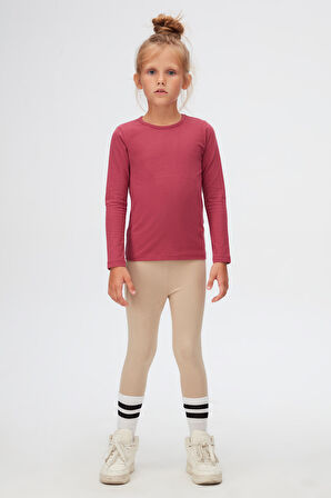 Açık Mürdüm Basic Mevsimlik Likralı Uzun Kollu Kız Çocuk Tişört