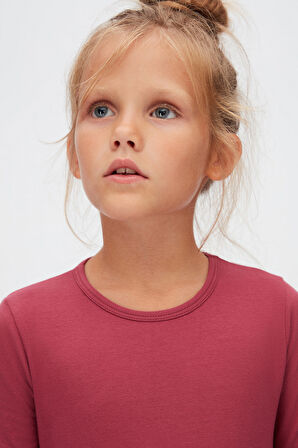 Açık Mürdüm Basic Mevsimlik Likralı Uzun Kollu Kız Çocuk Tişört