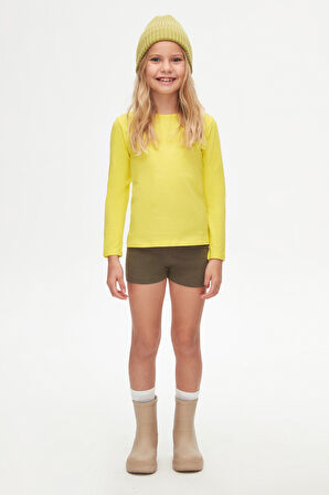 Sarı Basic Mevsimlik Likralı Uzun Kollu Kız Çocuk Tişört