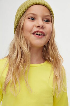 Sarı Basic Mevsimlik Likralı Uzun Kollu Kız Çocuk Tişört