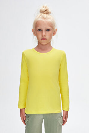 Fosforlu Sarı Basic Mevsimlik Likralı Uzun Kollu Kız Çocuk Tişört