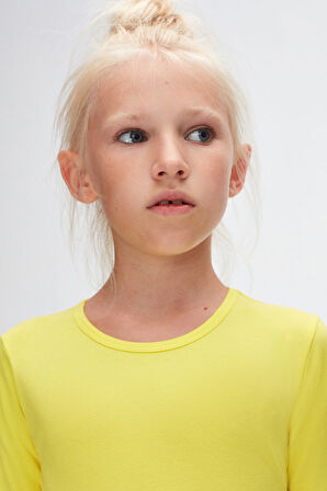 Fosforlu Sarı Basic Mevsimlik Likralı Uzun Kollu Kız Çocuk Tişört