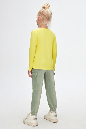 Fosforlu Sarı Basic Mevsimlik Likralı Uzun Kollu Kız Çocuk Tişört