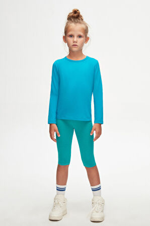 Koyu Turkuaz Basic Mevsimlik Likralı Uzun Kollu Kız Çocuk Tişört