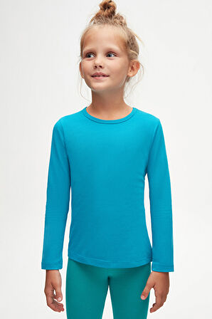 Koyu Turkuaz Basic Mevsimlik Likralı Uzun Kollu Kız Çocuk Tişört