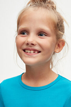 Koyu Turkuaz Basic Mevsimlik Likralı Uzun Kollu Kız Çocuk Tişört