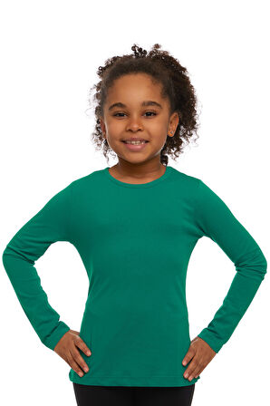 Koyu Yeşil Basic Mevsimlik Likralı Uzun Kollu Kız Çocuk Tişört