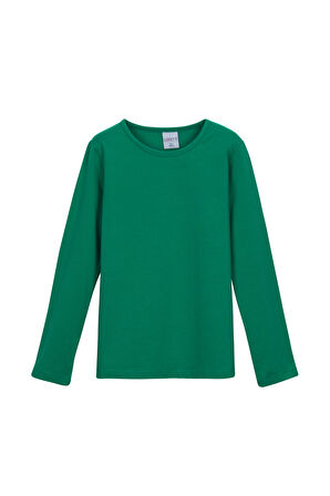 Yeşil Basic Mevsimlik Likralı Uzun Kollu Kız Çocuk Tişört