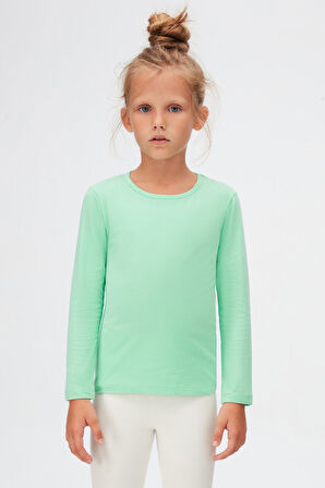 Pastel Yeşil Basic Mevsimlik Likralı Uzun Kollu Kız Çocuk Tişört