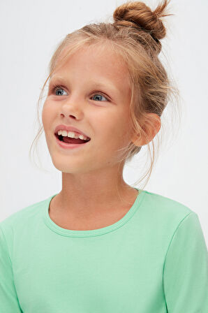 Pastel Yeşil Basic Mevsimlik Likralı Uzun Kollu Kız Çocuk Tişört