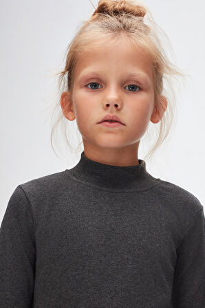 Antrasit Basic Kışlık Yarım Balıkçı Yaka Uzun Kollu Kız Çocuk Tişört