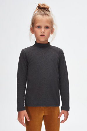 Antrasit Basic Kışlık Yarım Balıkçı Yaka Uzun Kollu Kız Çocuk Tişört