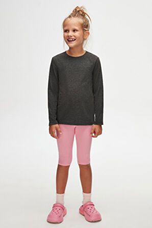 Antrasit Basic Unisex Çocuk Mevsimlik Sıfır Yaka Uzun Kollu Tişört