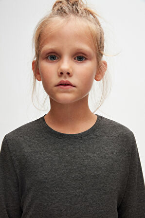 Antrasit Basic Unisex Çocuk Mevsimlik Sıfır Yaka Uzun Kollu Tişört