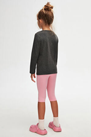 Antrasit Basic Unisex Çocuk Mevsimlik Sıfır Yaka Uzun Kollu Tişört