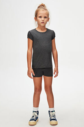 Antrasit Basic Kız Çocuk Sıfır Yaka Karpuz Kol Tişört