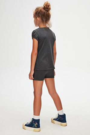 Antrasit Basic Kız Çocuk Sıfır Yaka Karpuz Kol Tişört