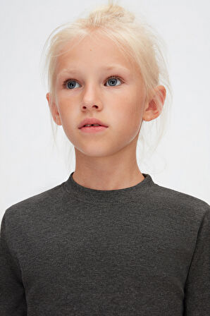 Antrasit Basic Unisex Çocuk Kışlık Sıfır Yaka Uzun Kollu Tişört