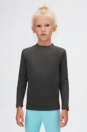 Antrasit Basic Unisex Çocuk Kışlık Sıfır Yaka Uzun Kollu Tişört