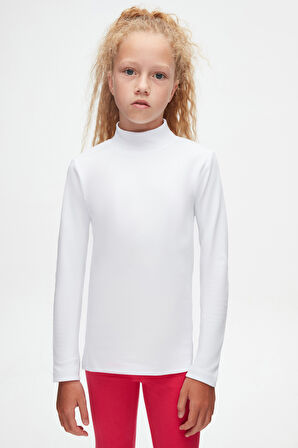 Beyaz Basic Kışlık Yarım Balıkçı Yaka Uzun Kollu Kız Çocuk Tişört