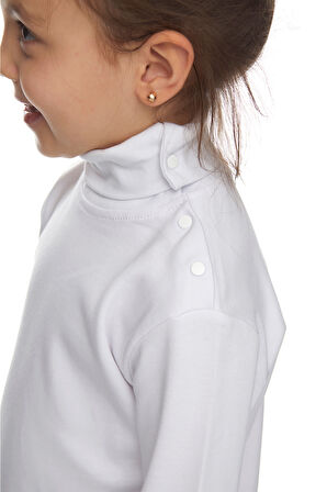 Beyaz Basic Kız Çocuk Çıtçıtlı Tam Balıkçı Yaka Şardonlu Kışlık Uzun Kollu Tişört