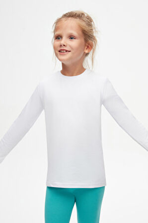 Beyaz Basic Unisex Çocuk Mevsimlik Sıfır Yaka Uzun Kollu Tişört