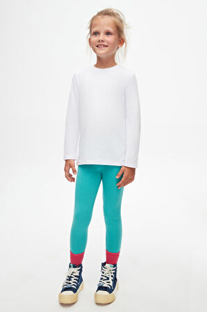 Beyaz Basic Unisex Çocuk Mevsimlik Sıfır Yaka Uzun Kollu Tişört