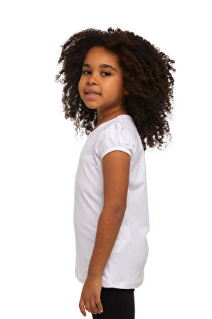 Beyaz Basic Kız Çocuk Sıfır Yaka Karpuz Kol Tişört