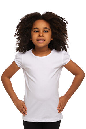 Beyaz Basic Kız Çocuk Sıfır Yaka Karpuz Kol Tişört