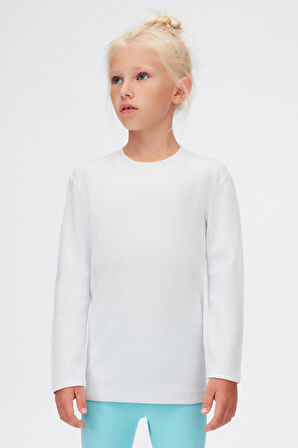 Beyaz Basic Unisex Çocuk Kışlık Sıfır Yaka Uzun Kollu Tişört