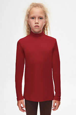 Bordo Basic Kışlık Yarım Balıkçı Yaka Uzun Kollu Kız Çocuk Tişört