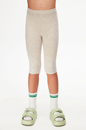 Koyu Bej Melanj Basic Kız Çocuk Diz Altı Tayt Kapri