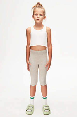 Koyu Bej Melanj Basic Kız Çocuk Diz Altı Tayt Kapri