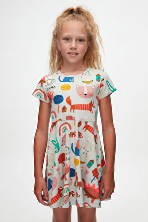 Roaring Animals Kız Çocuk Desenli Kısa Kollu Elbise