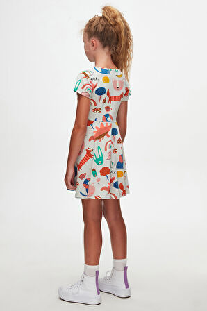 Roaring Animals Kız Çocuk Desenli Kısa Kollu Elbise