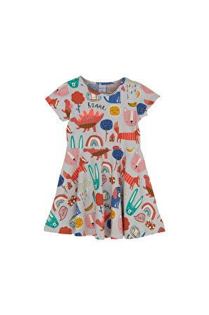 Roaring Animals Kız Çocuk Desenli Kısa Kollu Elbise