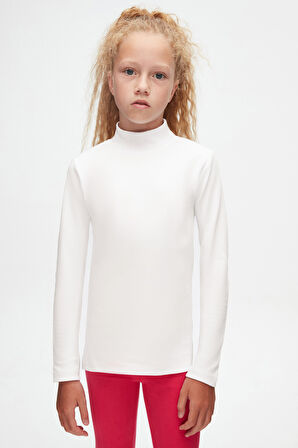 Ekru Basic Kışlık Yarım Balıkçı Yaka Uzun Kollu Kız Çocuk Tişört