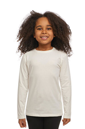 Ekru Basic Unisex Çocuk Mevsimlik Sıfır Yaka Uzun Kollu Tişört
