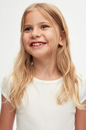 Ekru Basic Kız Çocuk Sıfır Yaka Karpuz Kol Tişört