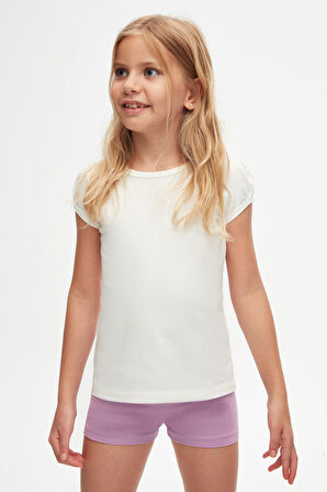 Ekru Basic Kız Çocuk Sıfır Yaka Karpuz Kol Tişört