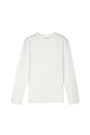 Ekru Basic Unisex Çocuk Kışlık Sıfır Yaka Uzun Kollu Tişört