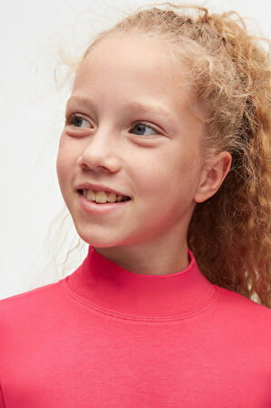 Fuşya Basic Kışlık Yarım Balıkçı Yaka Uzun Kollu Kız Çocuk Tişört