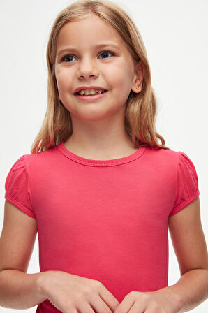 Fuşya Basic Kız Çocuk Sıfır Yaka Karpuz Kol Tişört