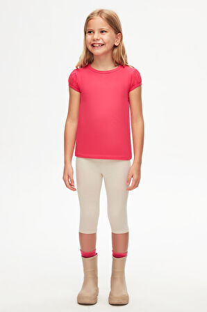 Fuşya Basic Kız Çocuk Sıfır Yaka Karpuz Kol Tişört