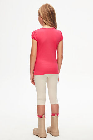 Fuşya Basic Kız Çocuk Sıfır Yaka Karpuz Kol Tişört