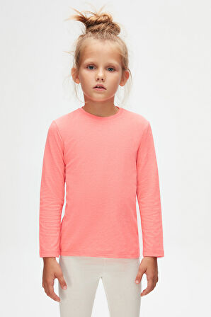 Fosfor Fuşya Basic Unisex Çocuk Mevsimlik Sıfır Yaka Uzun Kollu Tişört