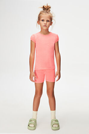 Fosfor Fuşya Basic Kız Çocuk Sıfır Yaka Karpuz Kol Tişört