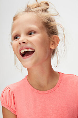 Fosfor Fuşya Basic Kız Çocuk Sıfır Yaka Karpuz Kol Tişört