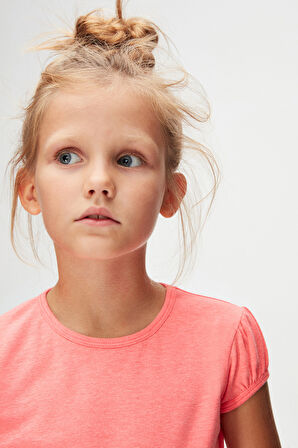 Fosfor Fuşya Basic Kız Çocuk Sıfır Yaka Karpuz Kol Tişört