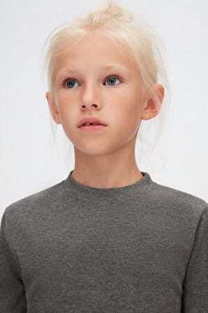 Koyu Gri Basic Kışlık Sıfır Yaka Uzun Kollu Kız Çocuk Tişört